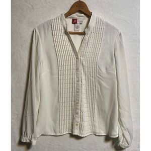 JM Collection Petite White Pleated Faux Pearl Button Down Blouse Top 10P Ivory